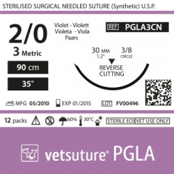 Vetsuture PGLA metric 3 (USP 2/0) 90cm - Aiguille courbe 3/8 30mm Reverse Cutting Point