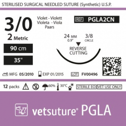 Vetsuture PGLA metric 2 (USP 3/0) 90cm - Aiguille courbe 3/8 24mm Reverse Cutting Point