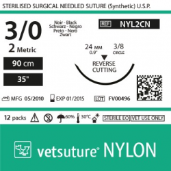 vetsuture NYLON metric 2 (USP 3/0) 90cm - Aiguille courbe 3/8 24mm Reverse Cutting Point