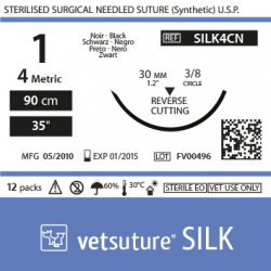 Vetsuture SILK metric 4 (USP 1) 90cm - Aiguille courbe 3/8 30mm Reverse Cutting Point