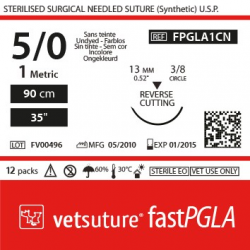 image: Vetsuture fastPGLA metric 1 (USP 5/0) 90cm   -  Curved needle  3/8 13mm Reverse Cutting Point