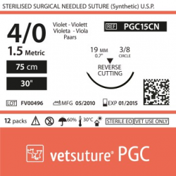 image: vetsuture PGC metric 1,5 (USP 4/0) 90cm violet   -  Aiguille courbe 3/8 19mm Reverse Cutting Point