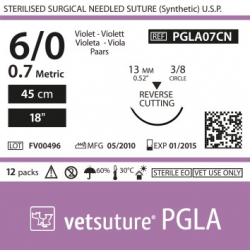 image: Vetsuture PGLA metric 0.7 (USP 6/0) 45cm -  Aiguille courbe 3/8 13mm Reverse Cutting Point