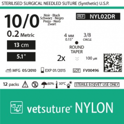 image: NYLON met 0.2 - USP 10/0 - 13cm - 5" - 2x Taper point 3/8 4.0mm (0.15") 100µm