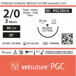 image: vetsuture PGC metric 3 (USP 2/0) 90cm violet   -  Aiguille courbe 1/2 26mm Reverse Cutting Point