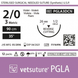 image: Vetsuture PGLA metric 3 (USP 2/0) 90cm   -  Curved needle  1/2 26mm  Reverse Cutting Point