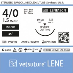 Vetsuture LENE metric 1.5 (USP 4/0) 90cm - Aiguille courbe 3/8 19mm Reverse Cutting Point