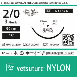 vetsuture NYLON metric 3 (USP 2/0) 90cm - Aiguille courbe 3/8 30mm Reverse Cutting Point
