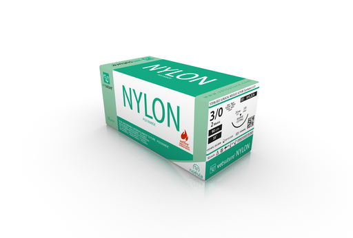 [NYL2CN] vetsuture® NYLON (EP2, USP3/0, Reverse cutting 3/8c 24mm, 12x90cm)